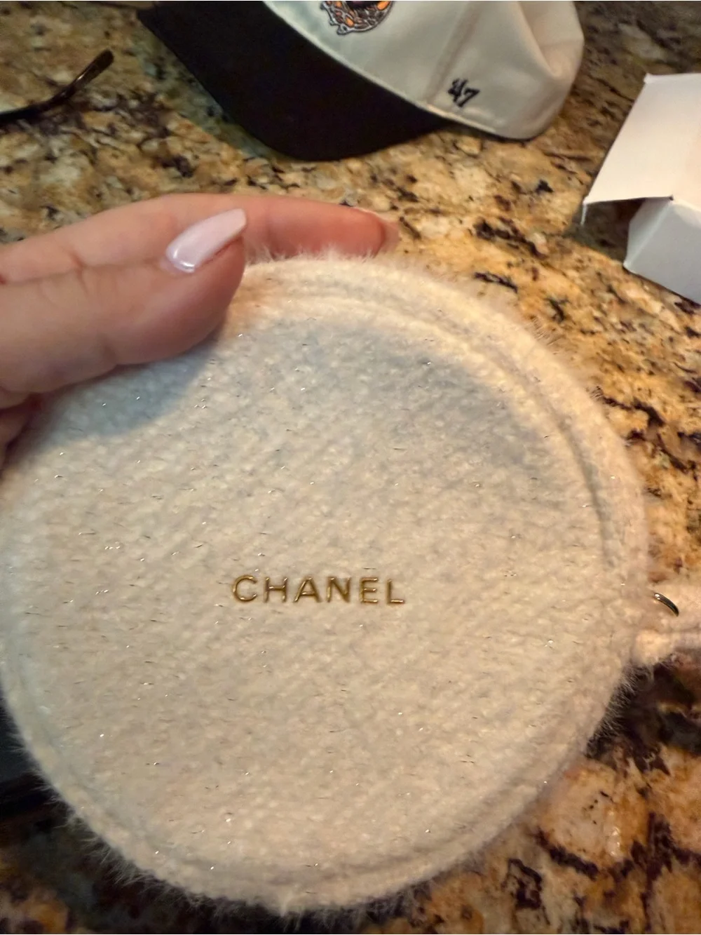 CHANEL Cream Wool Round Coin Pouch with Gold Logo - Picture 6 of 9